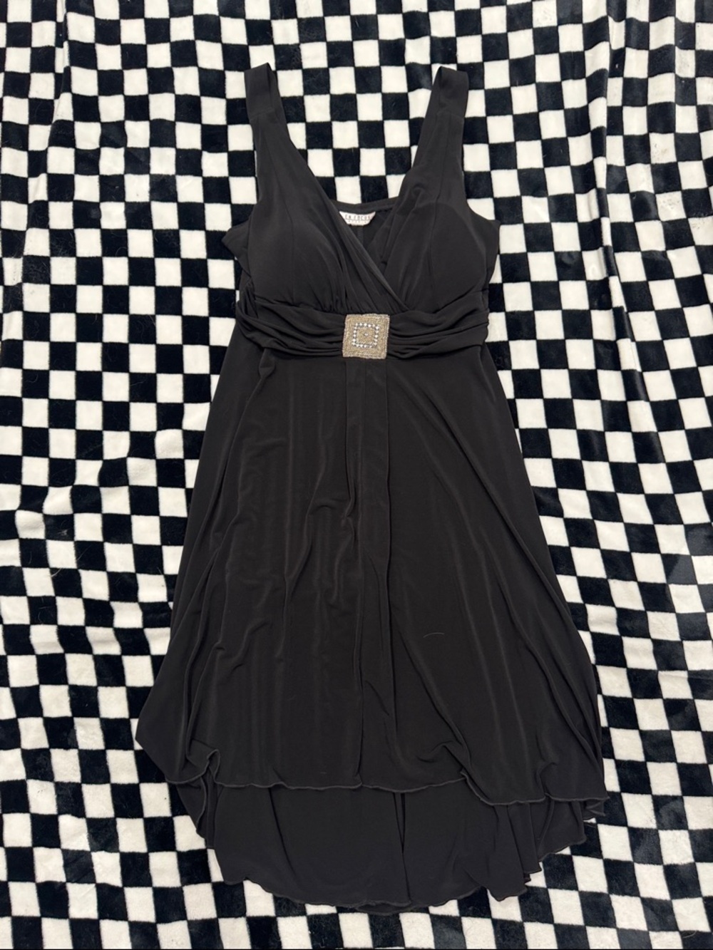 Enfocus Studio Black High-Low Padded V-Neck Dress with Rhinestone Buckle